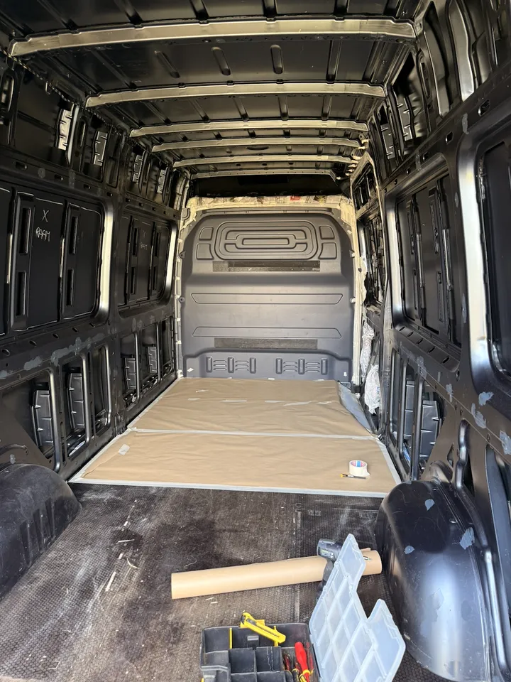 Halfway. The front of the floor is papered, the rest is still bare.